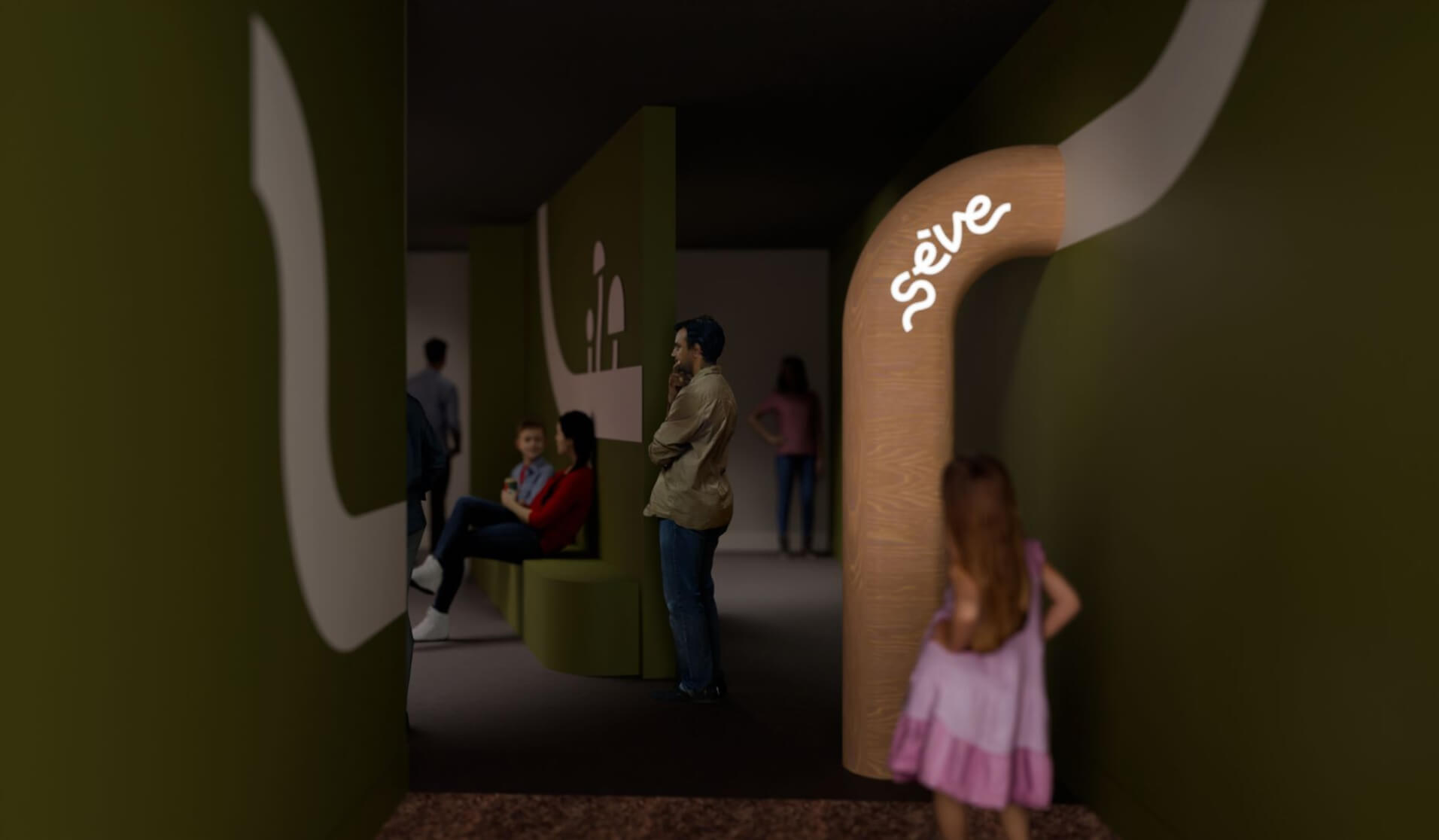 Intérieur de la salle d'exposition avec personnes, panneau «Sève» lumineux.