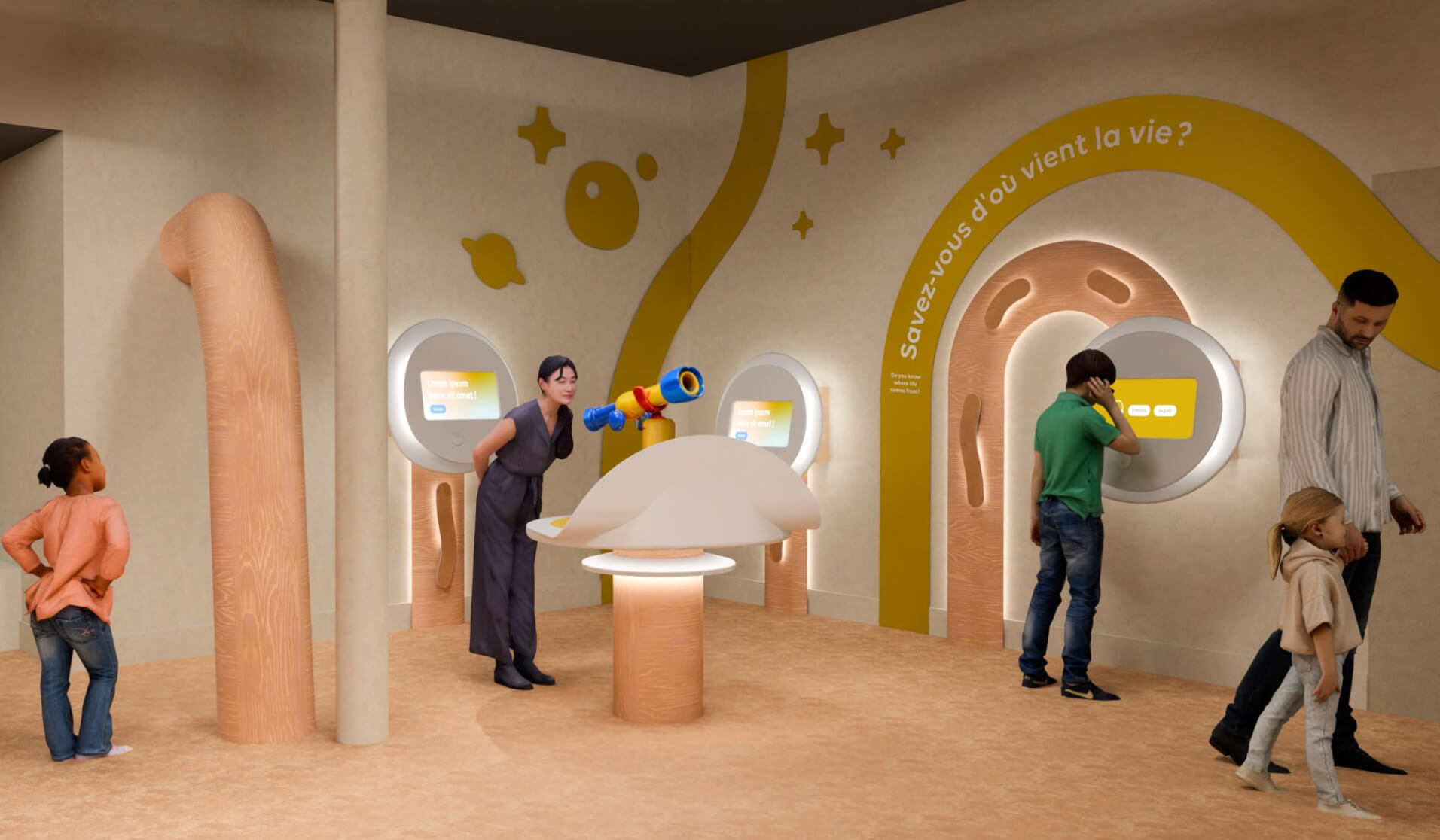Personnes dans une salle d'exposition interactive avec écrans et racines géantes.