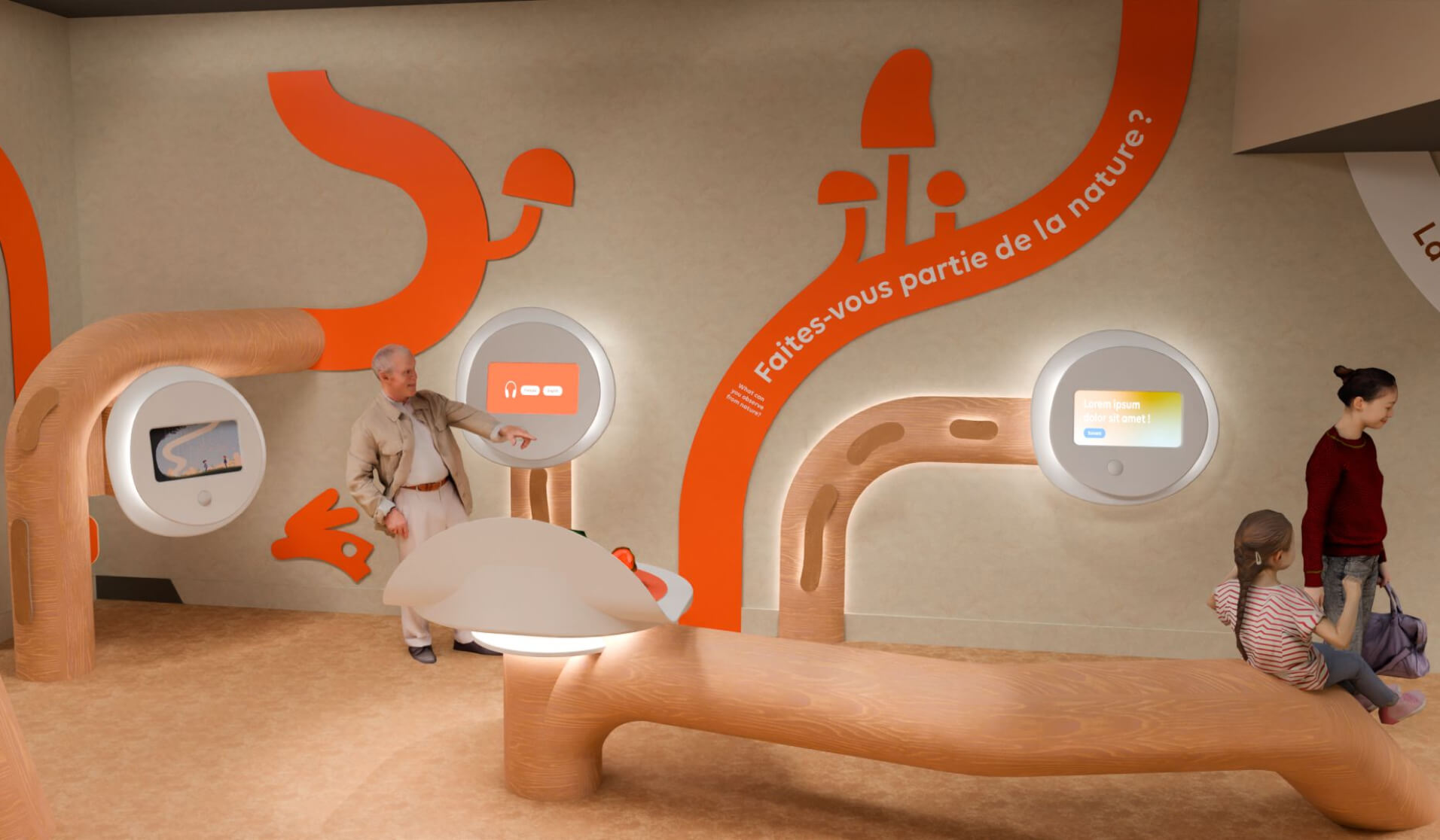 Personnes dans une salle d'exposition interactive avec écrans et décor.