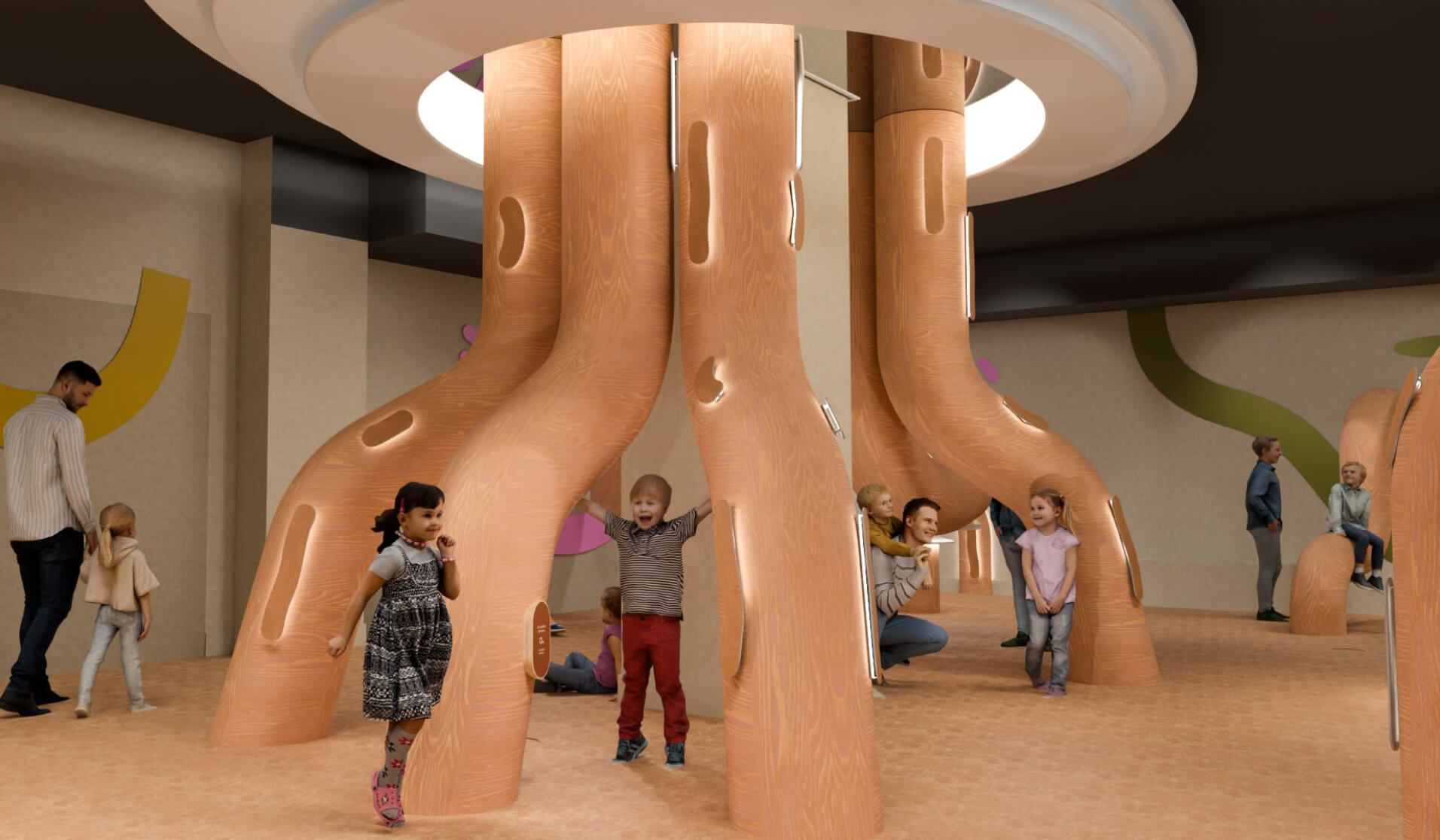 Enfants jouant sous les racines de l'arbre du savoir.