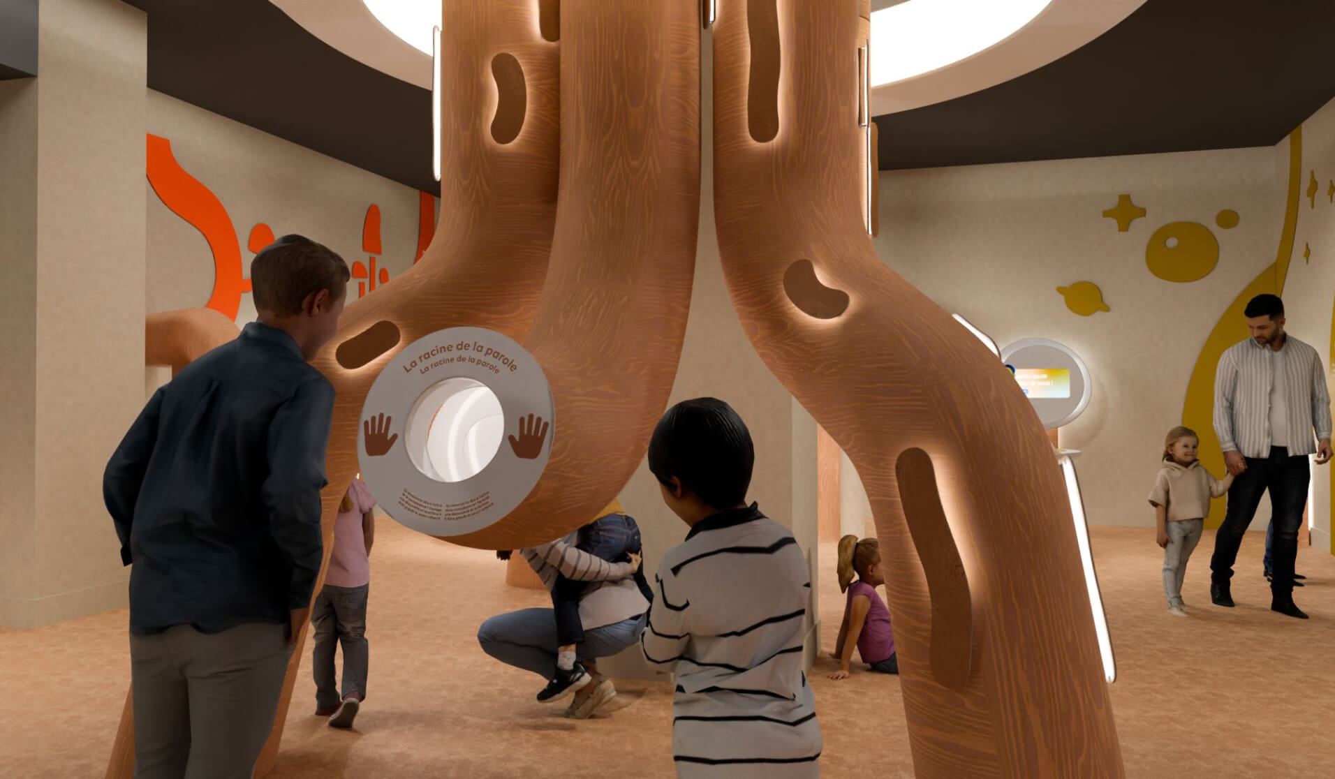 Enfants explorant un espace interactif intérieur.